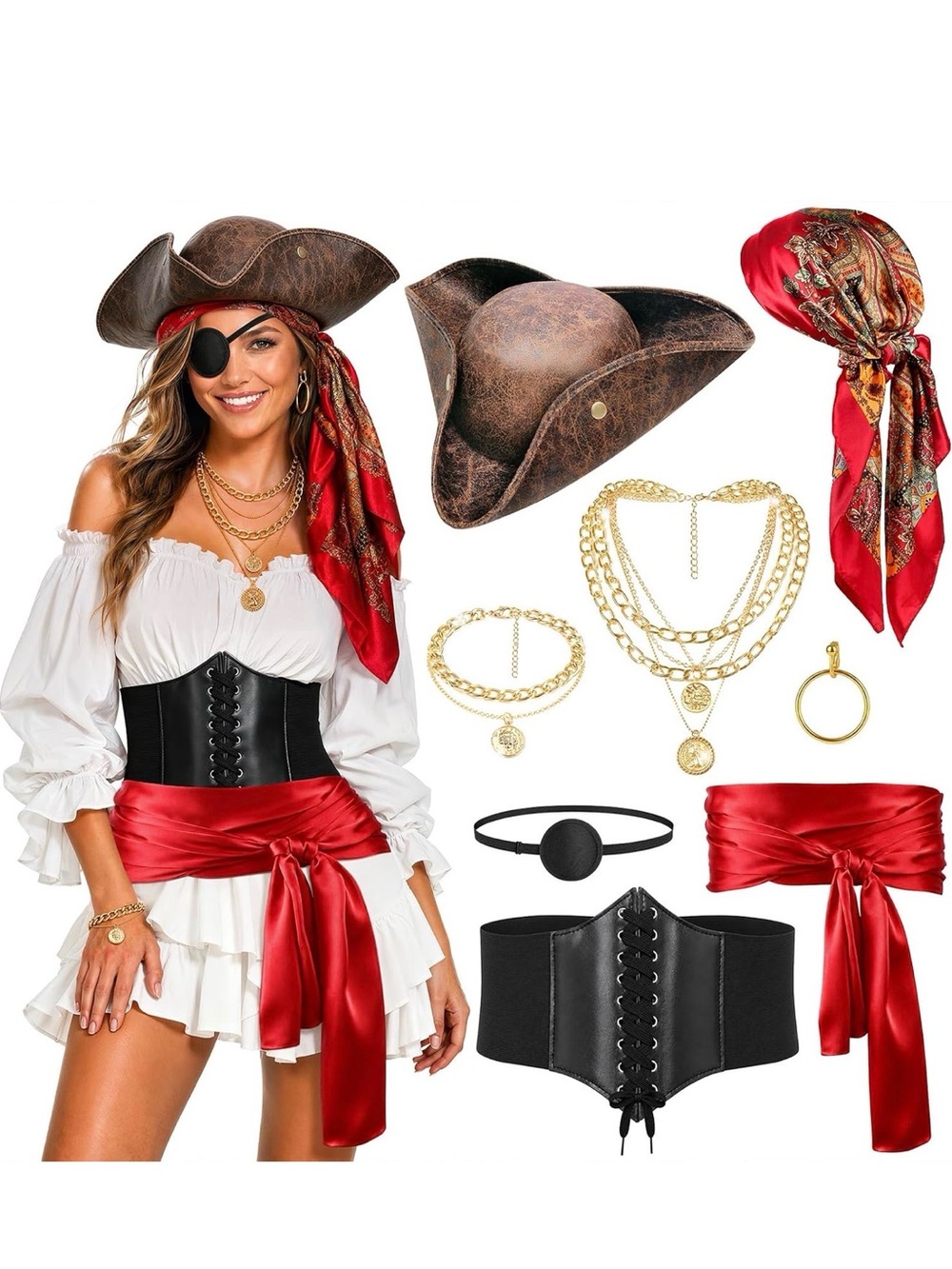 Red Satin Pirate Headscarf and Sash Hair Accessory Set